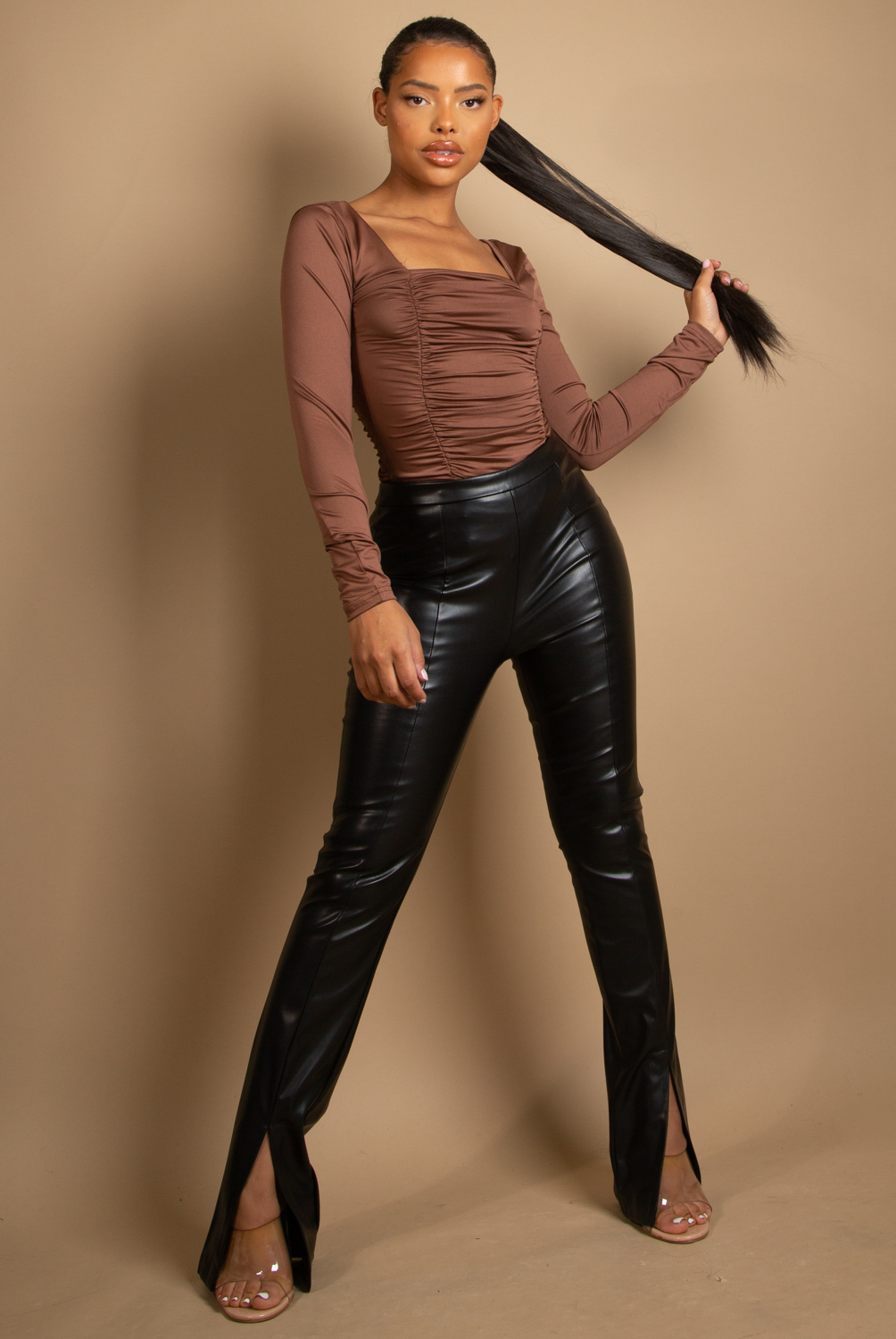 Faux Leather Flare Trouser With Ankle Slit- Buy Fashion Wholesale