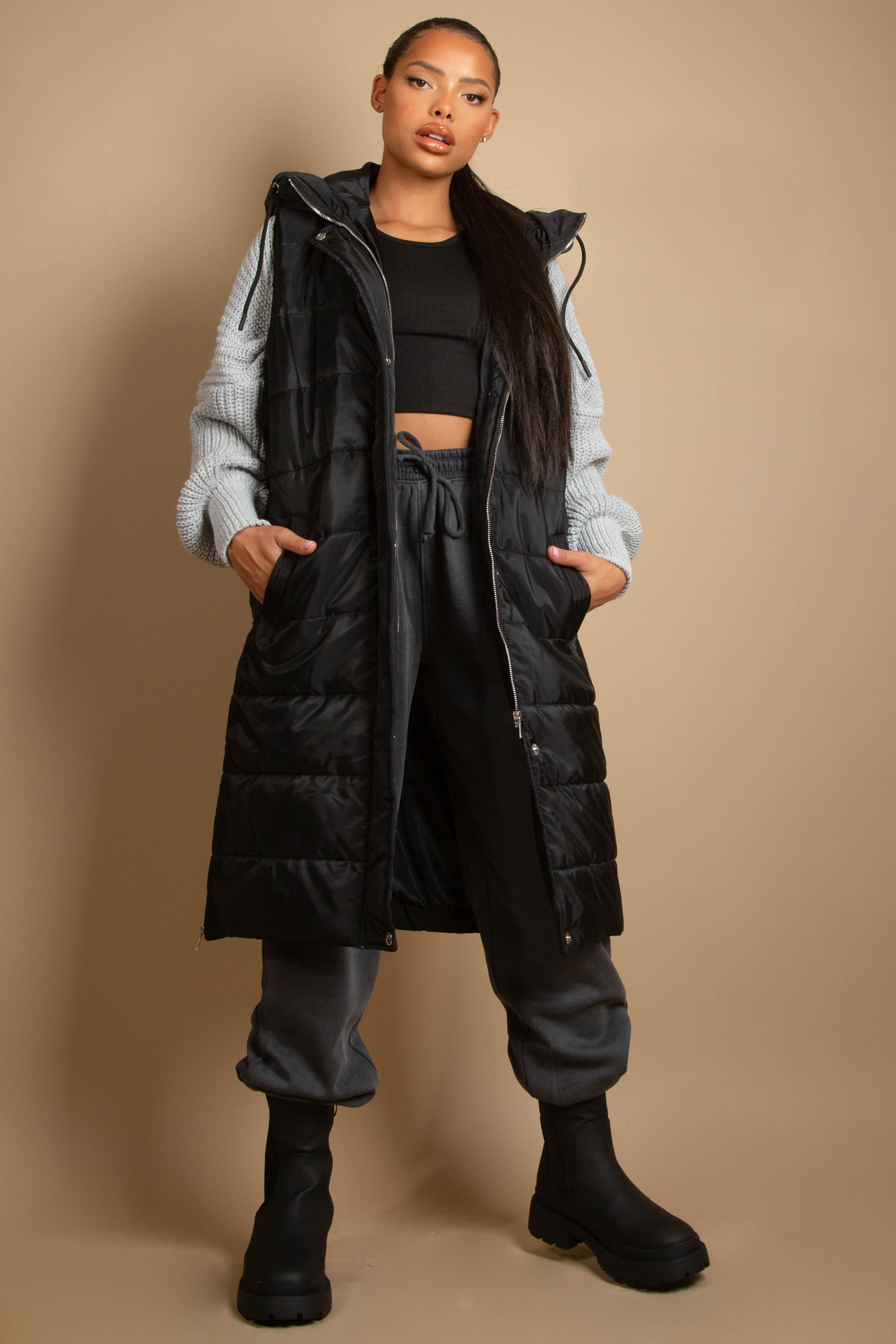 Long Puffer Gilet with Hood - Buy 
