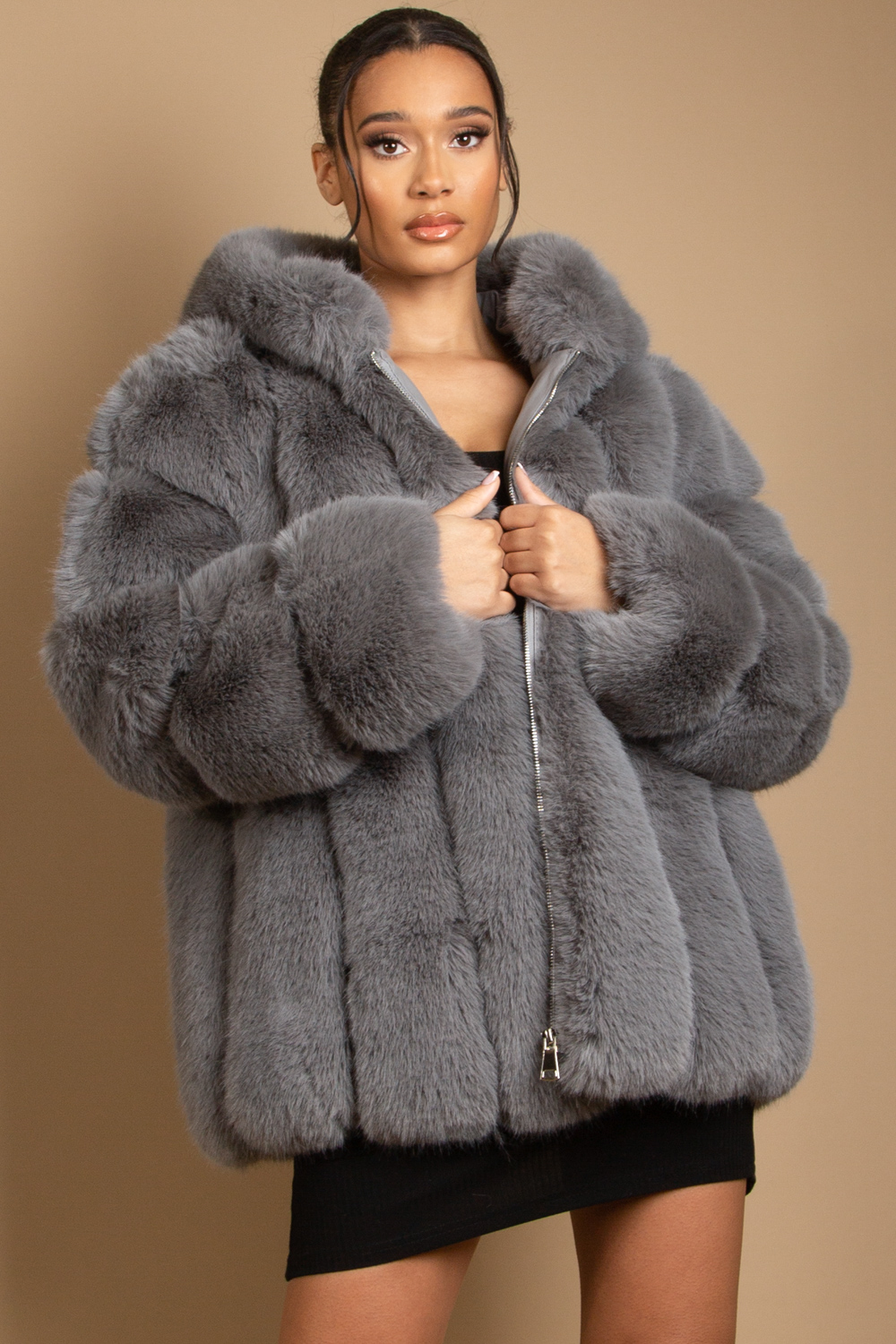 Womens grey faux sales fur jacket