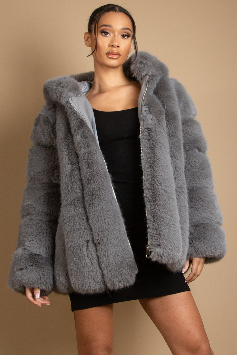 Grey faux fur bubble clearance coat