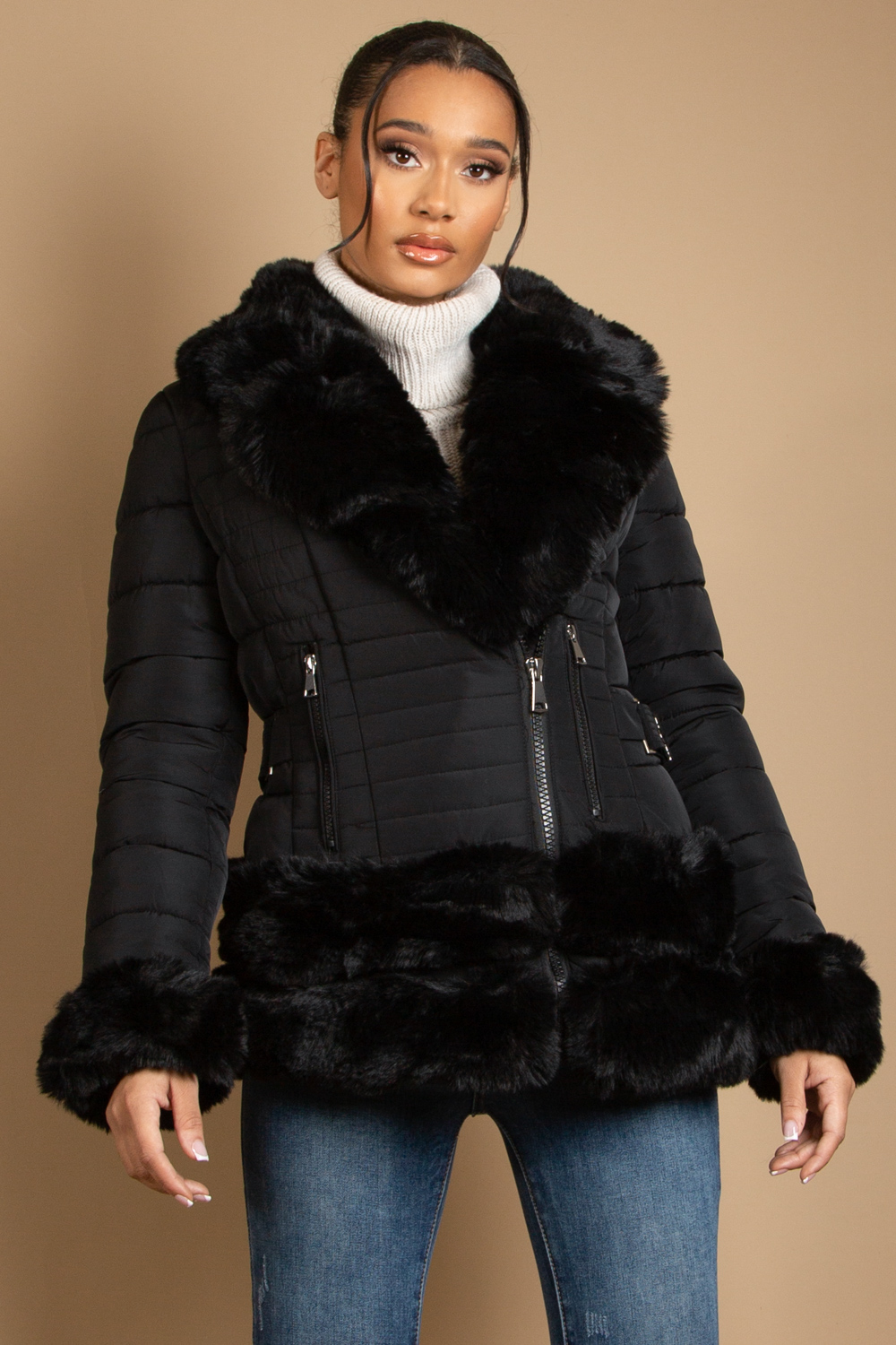 Fitted Quilted Puffer Jacket With Faux 