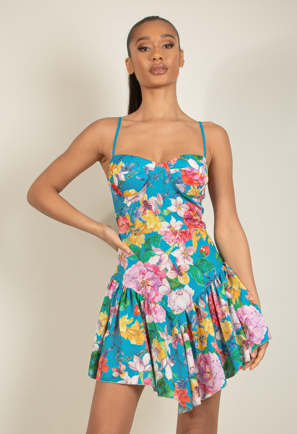 Floral-Print Sleeveless Mini Bustier Dress