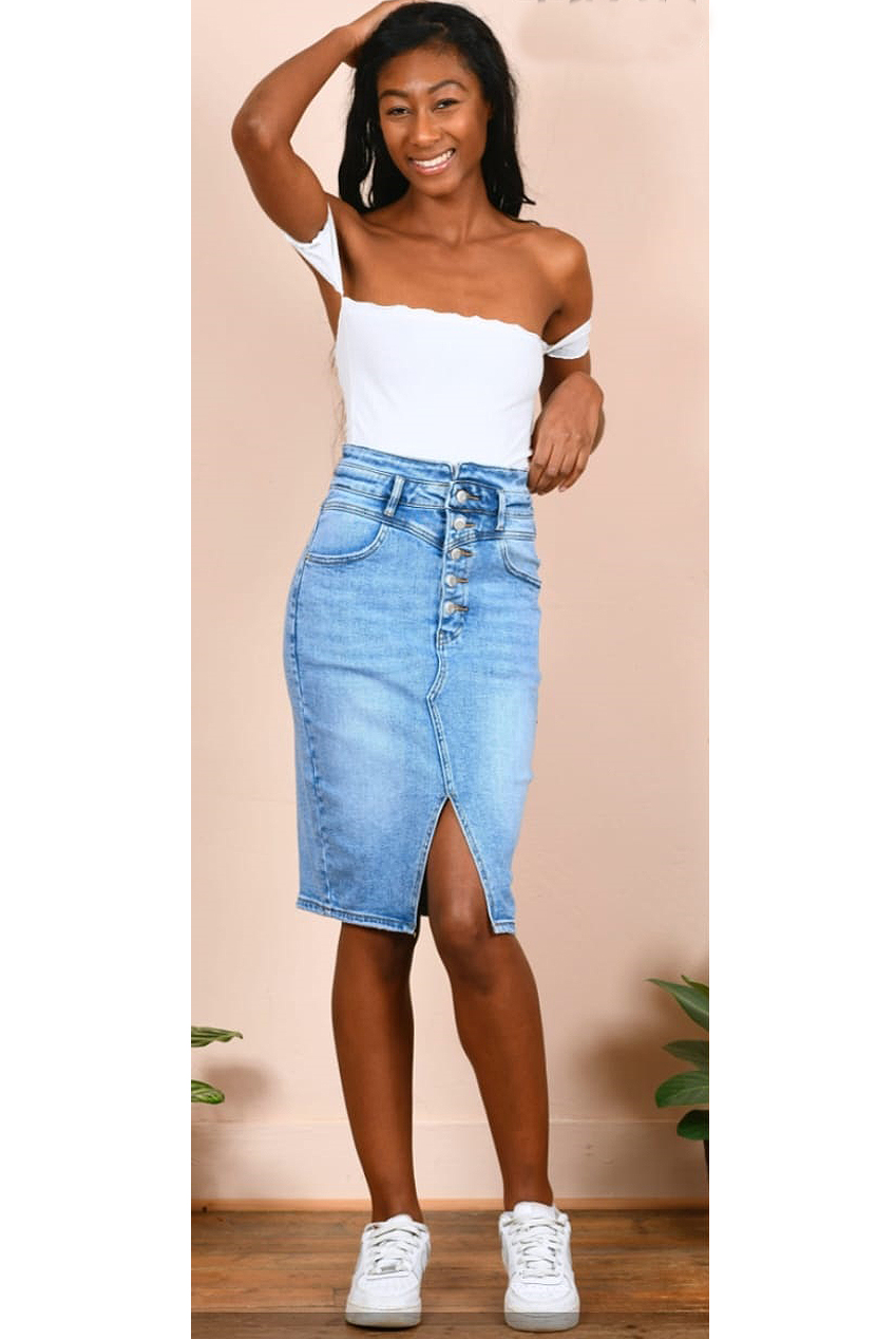 Buttons Trim Front Slit Denim Skirt - Buy Fashion Wholesale in The UK