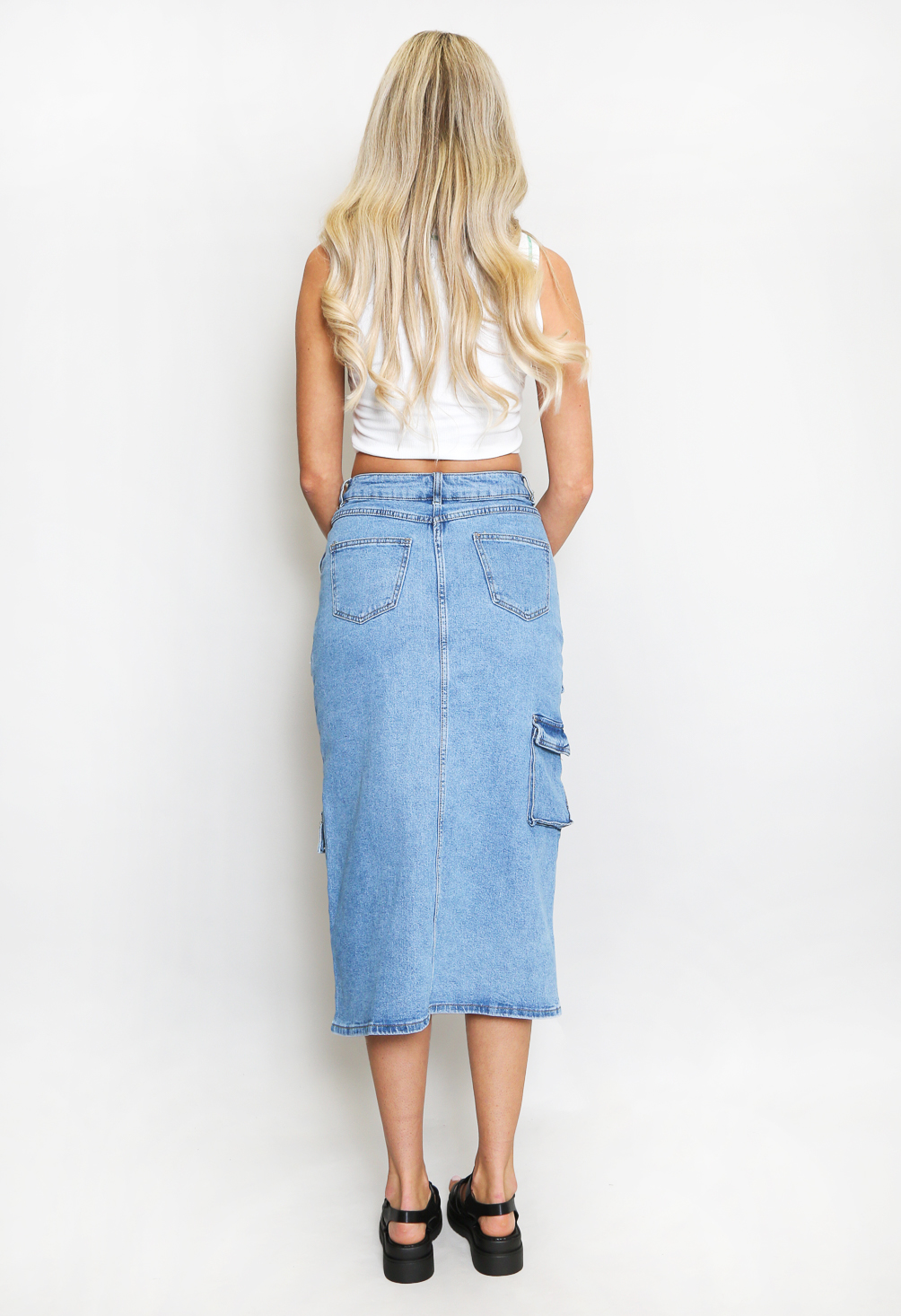 【BAON】Samav Cargo Washing Denim Midi Skirt Light Wash Utility Cargo Pocket Denim Maxi Skirt | Simply Be