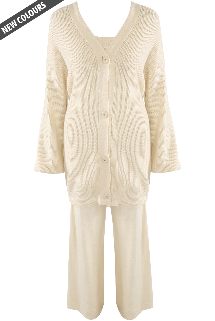 3Pc Knit Long Cardigan With Cami And Wide Leg Trouser Set