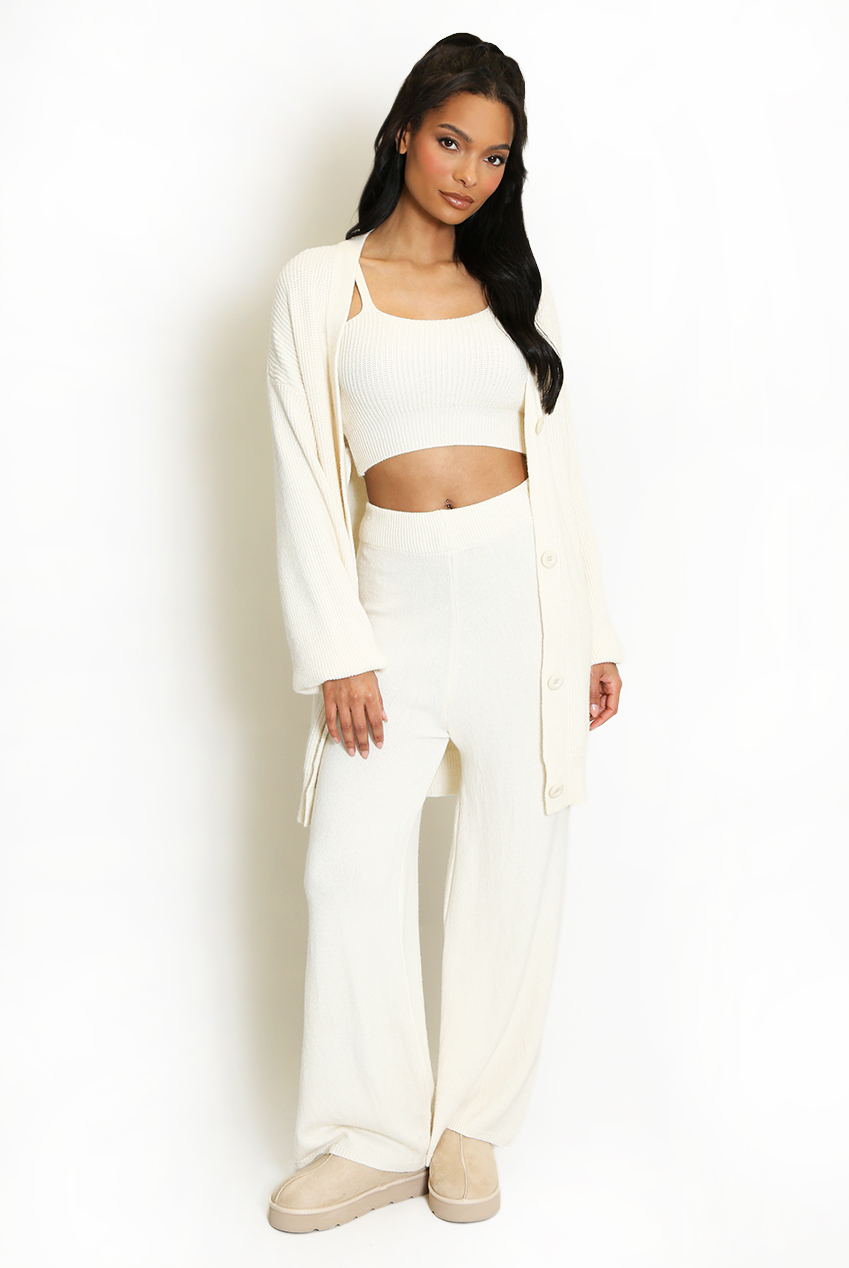 Three Piece Long Cardigan And Wide Leg Trouser Set - Buy Fashion