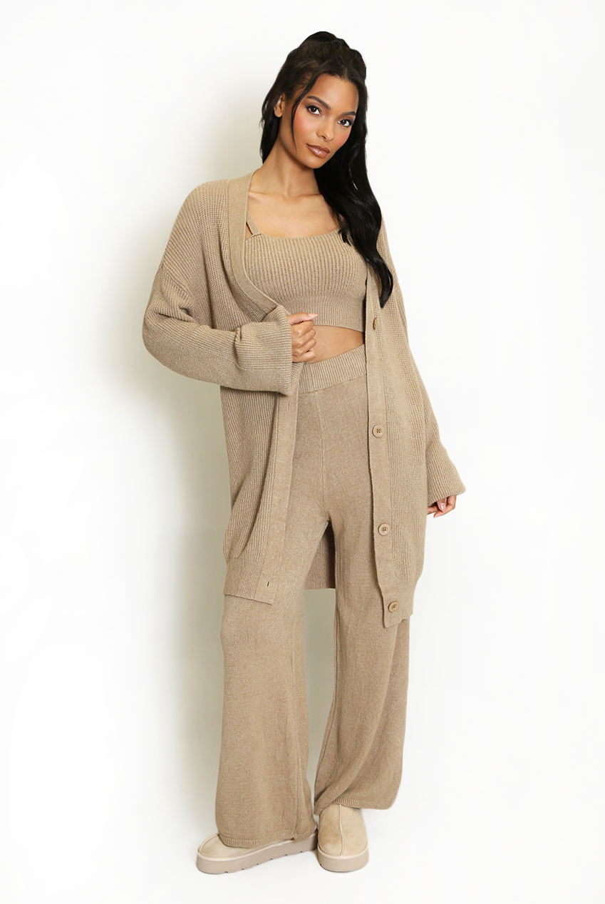 Three Piece Long Cardigan And Wide Leg Trouser Set - Buy Fashion