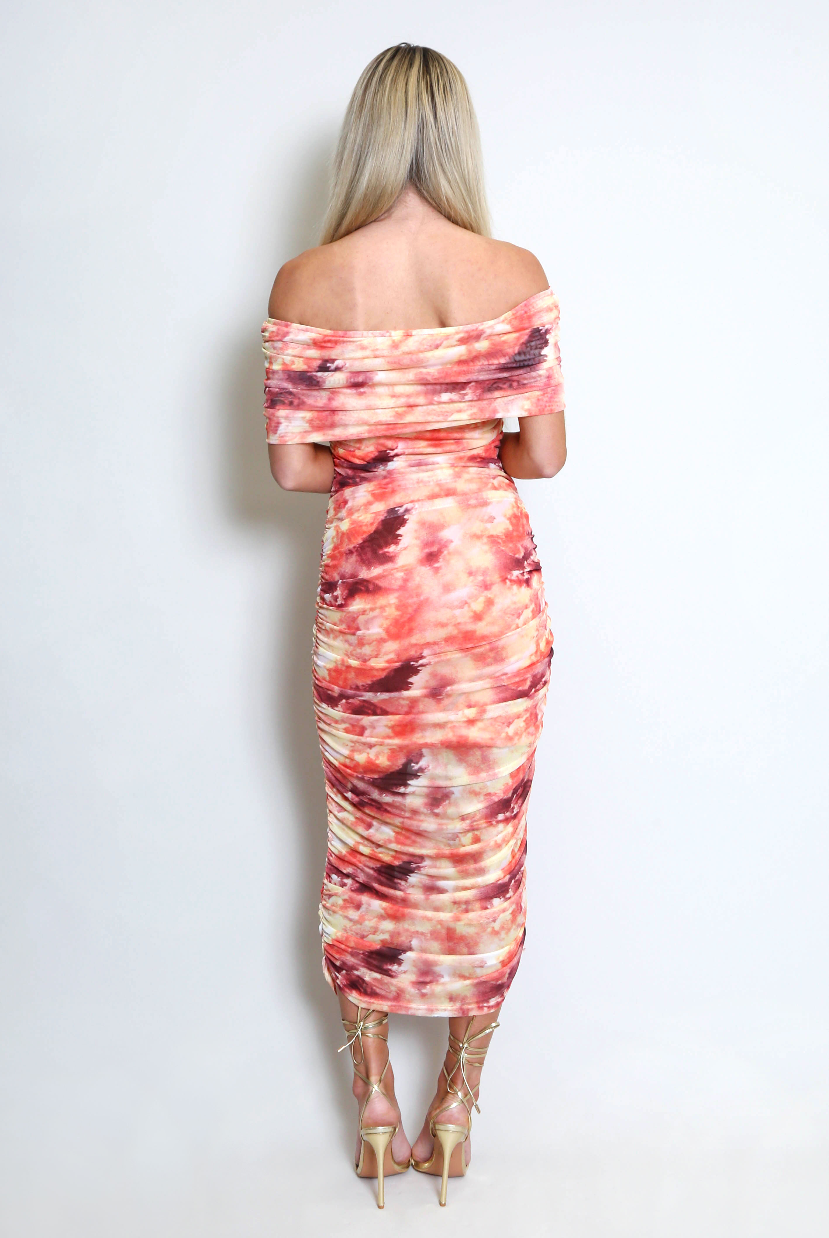 Watercolour Bardot Mesh Ruched Midi Dress - Buy Fashion Wholesale in The UK