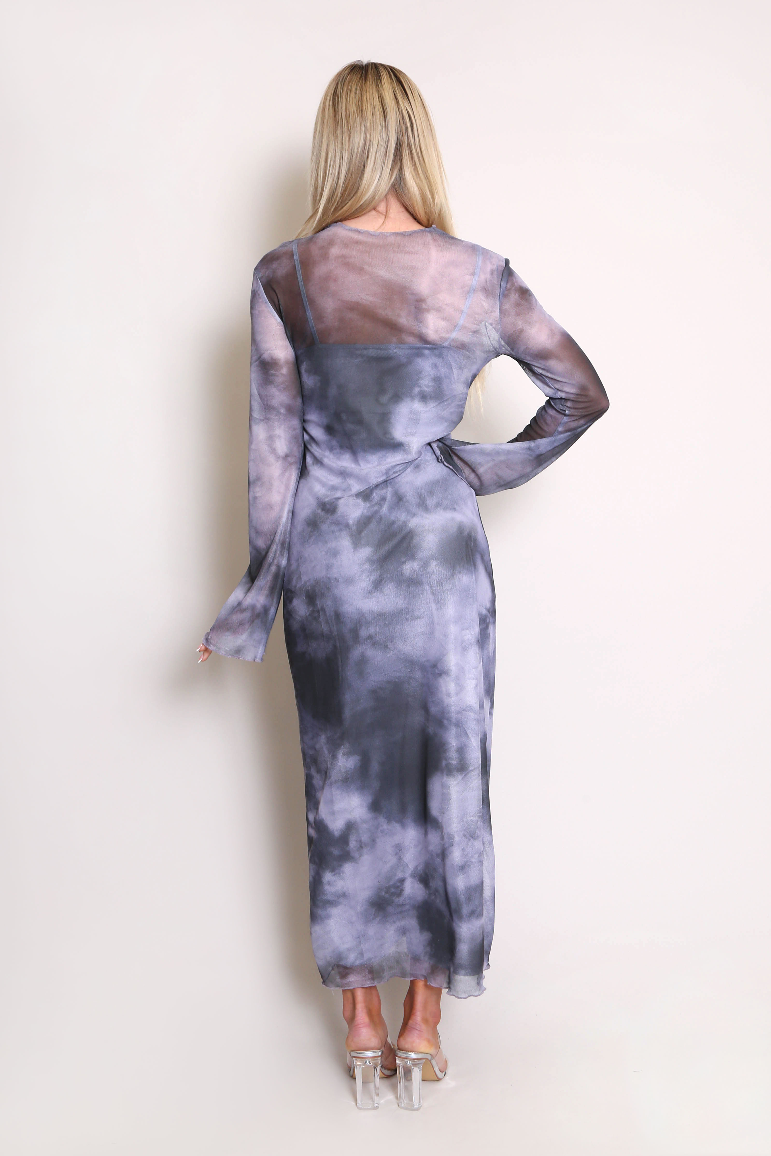 Tie Dye Print Sleeveless V Neck Tie Waist Maxi Dress