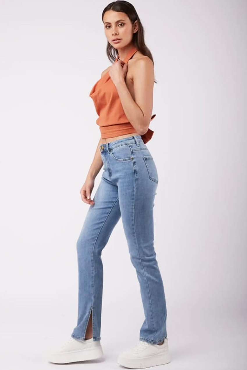 Women Classic Blue Knee Slit Straight Jeans