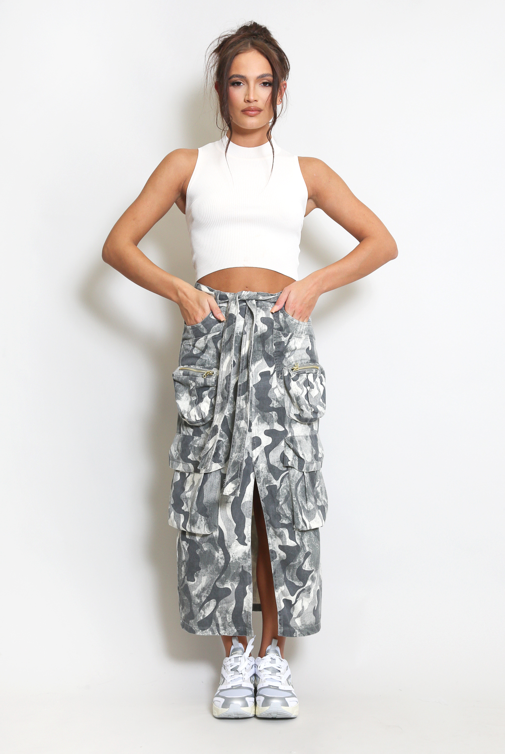 Women's front slit Washed Cotton Midi Cargo Skirt