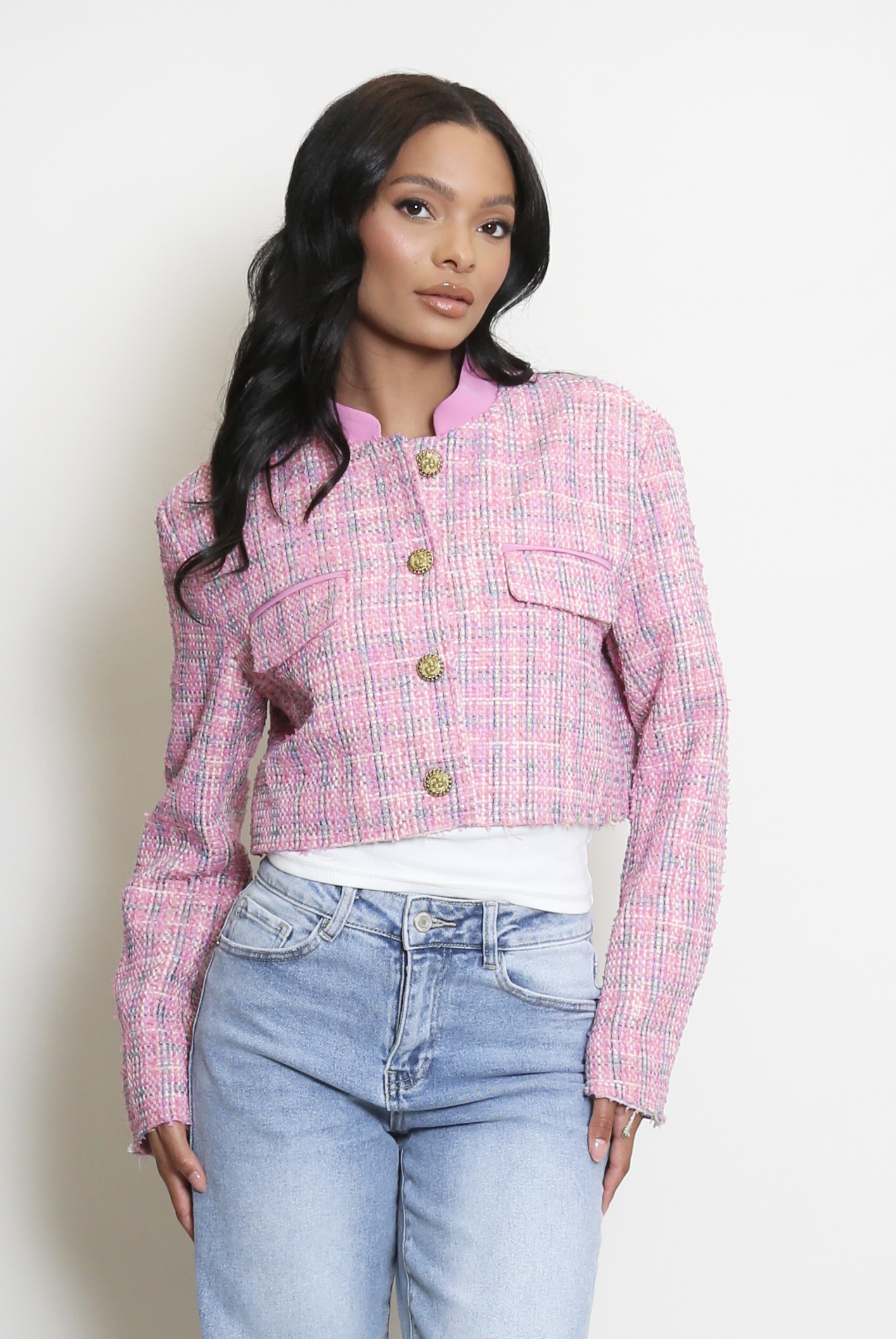 Tweed High Neck Cropped Blazer - Buy Fashion Wholesale in The UK