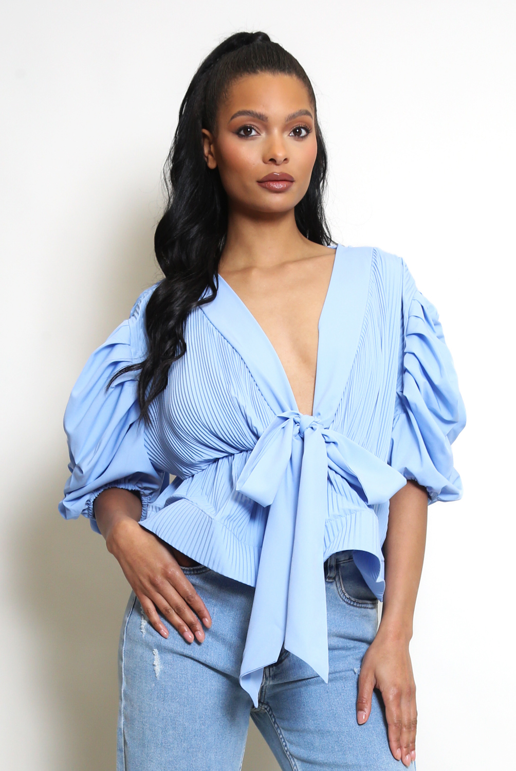 Tie Front Pleated Peplum Blouse - Buy Fashion Wholesale in The UK