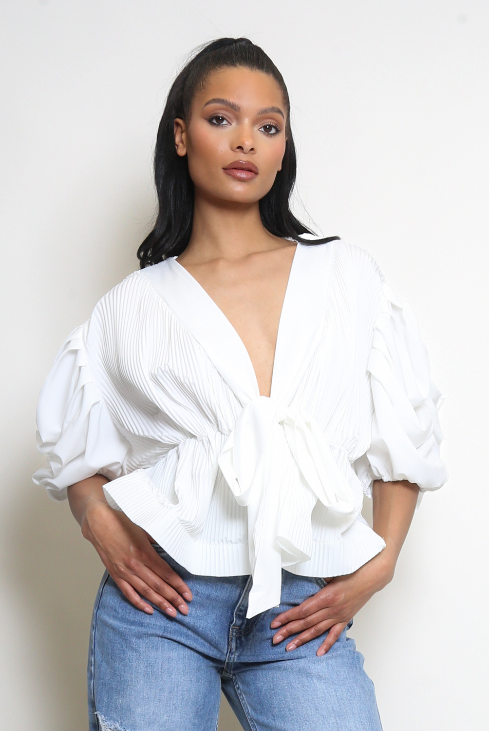 Tie Front Pleated Peplum Blouse - Buy Fashion Wholesale in The UK