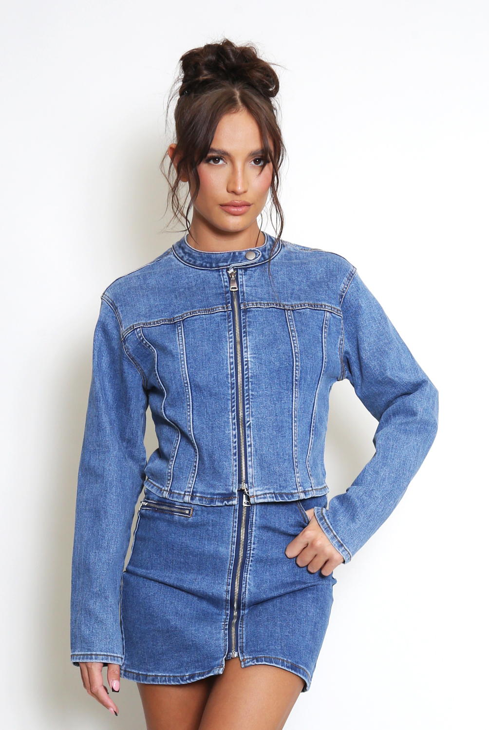 ジャケット・アウター Denim Blouson & Balloon Skirt Set Shop Our Blue Balloon Sleeve Cropped Jacket & Mini Skirt Set