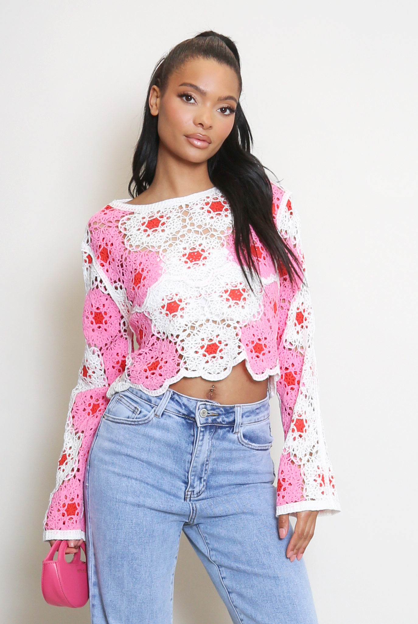 white crochet crop top long sleeve