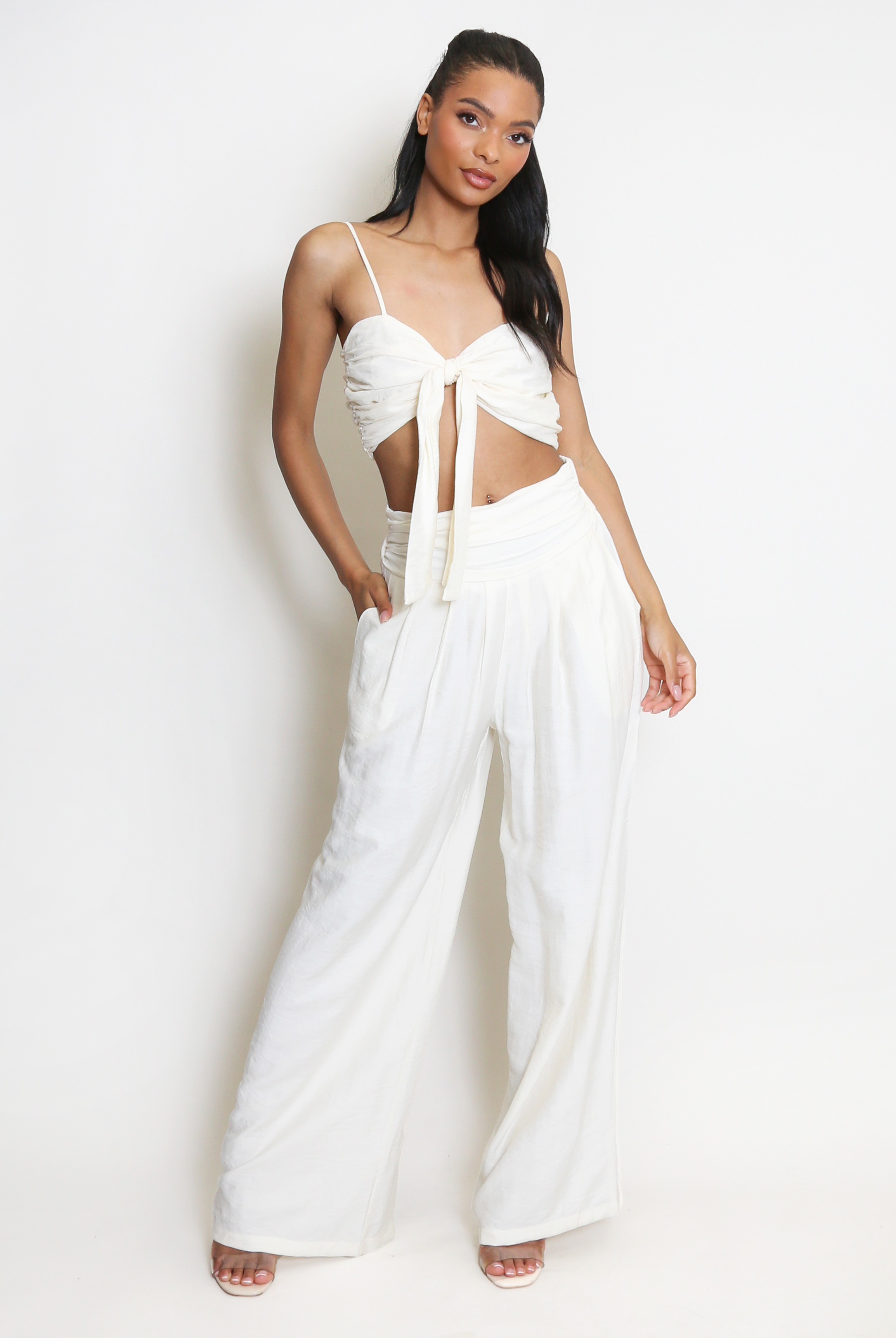 【AVALONE】TECHNICAL CROPPED WIDE TROUSERS Tie Front Crop Top And Wide Leg Trouser- Buy Fashion Wholesale in