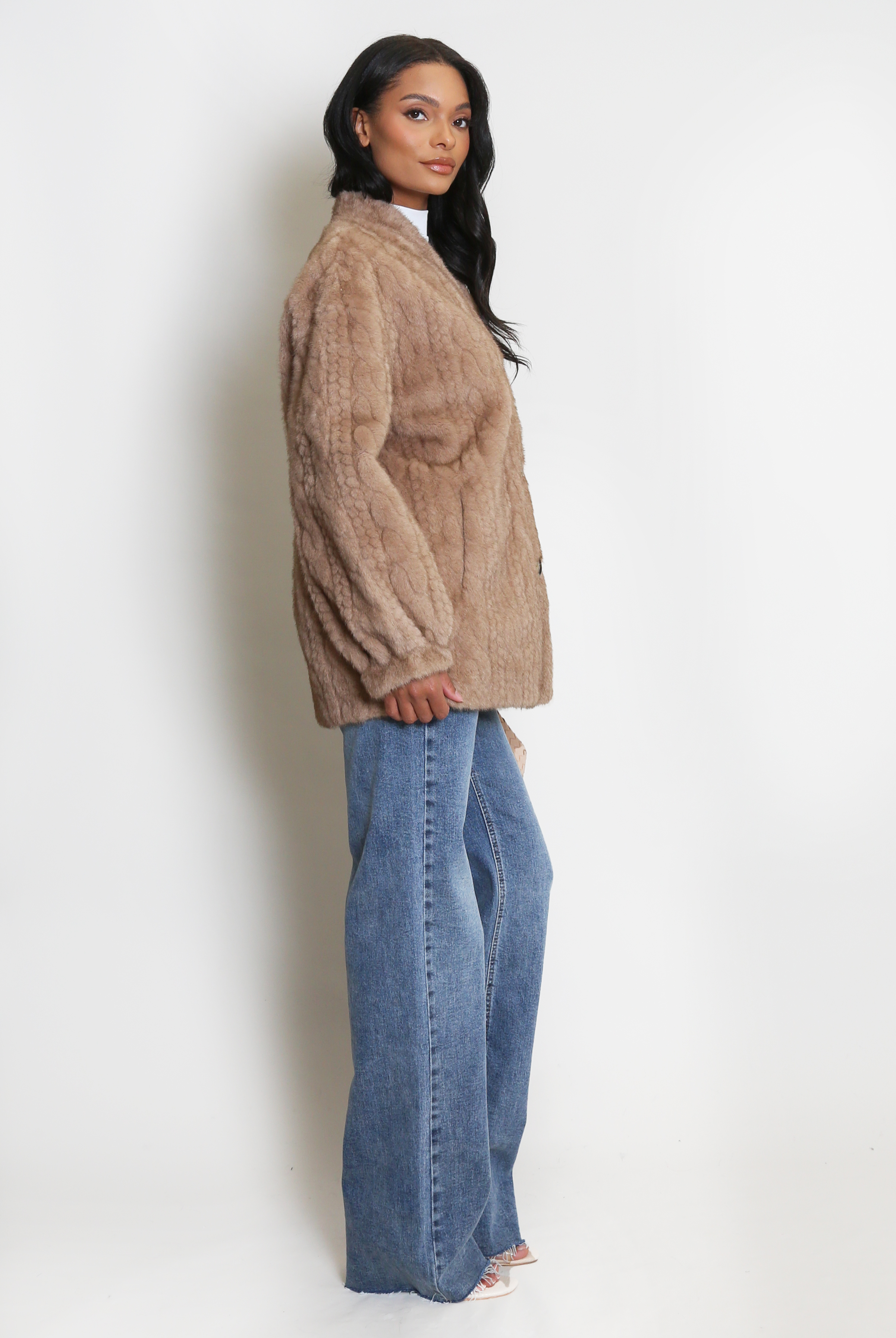 レディース lagua gem CABLE KNIT FAUX FUR ブルゾン ブラウン
