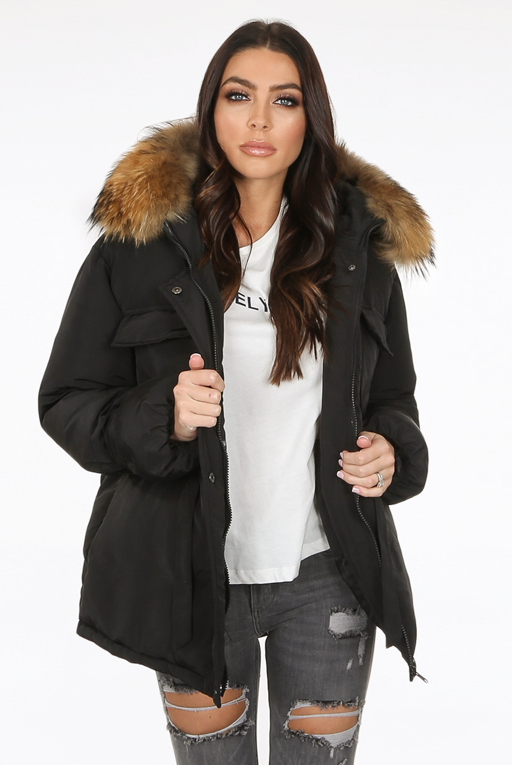 GUESS Softshell Hoodie Belt Parka Donna - Giacca Impermeabile Con Cappuccio In Pile