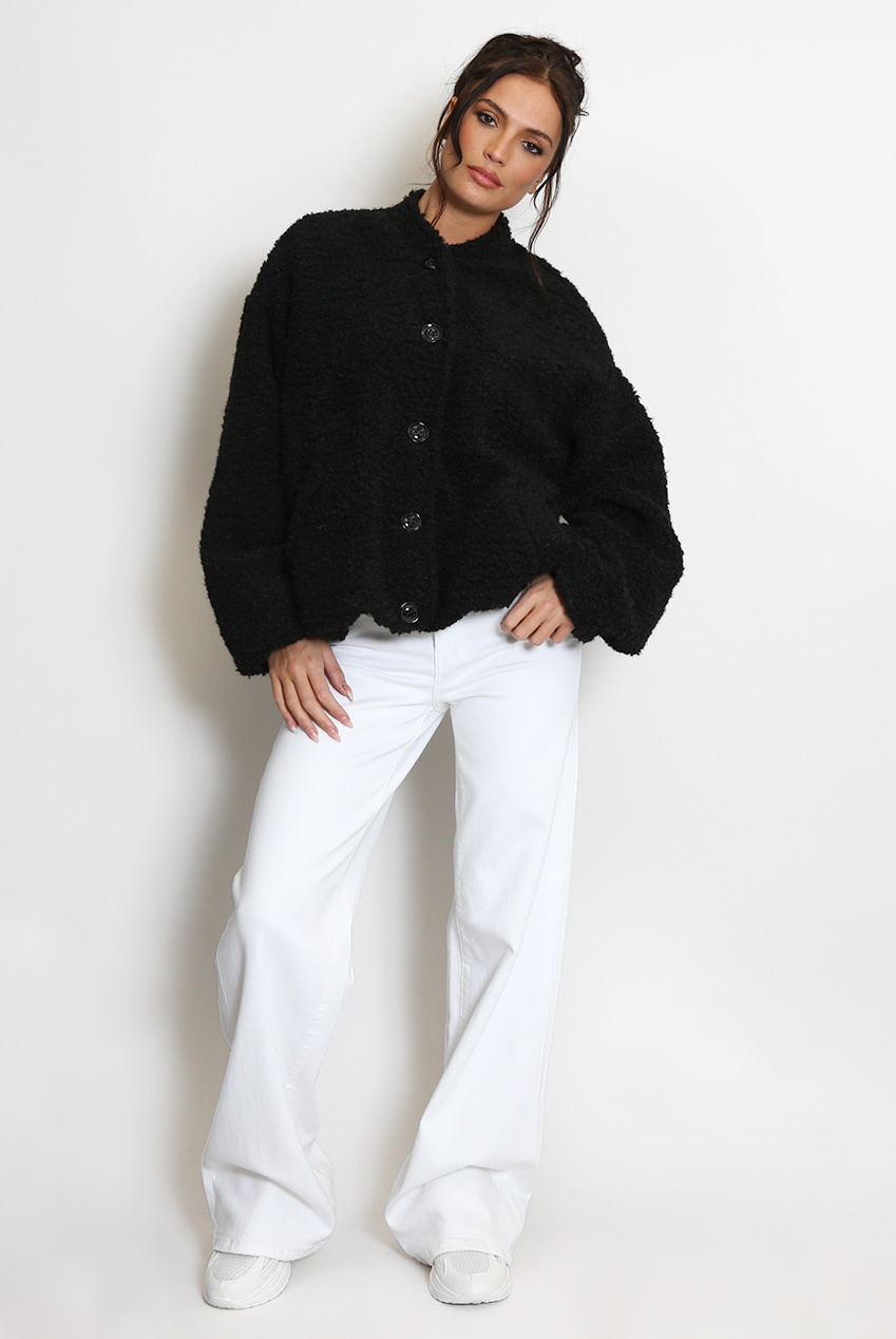 Fleece Checkered Puff Sleeve Bomber Jacket