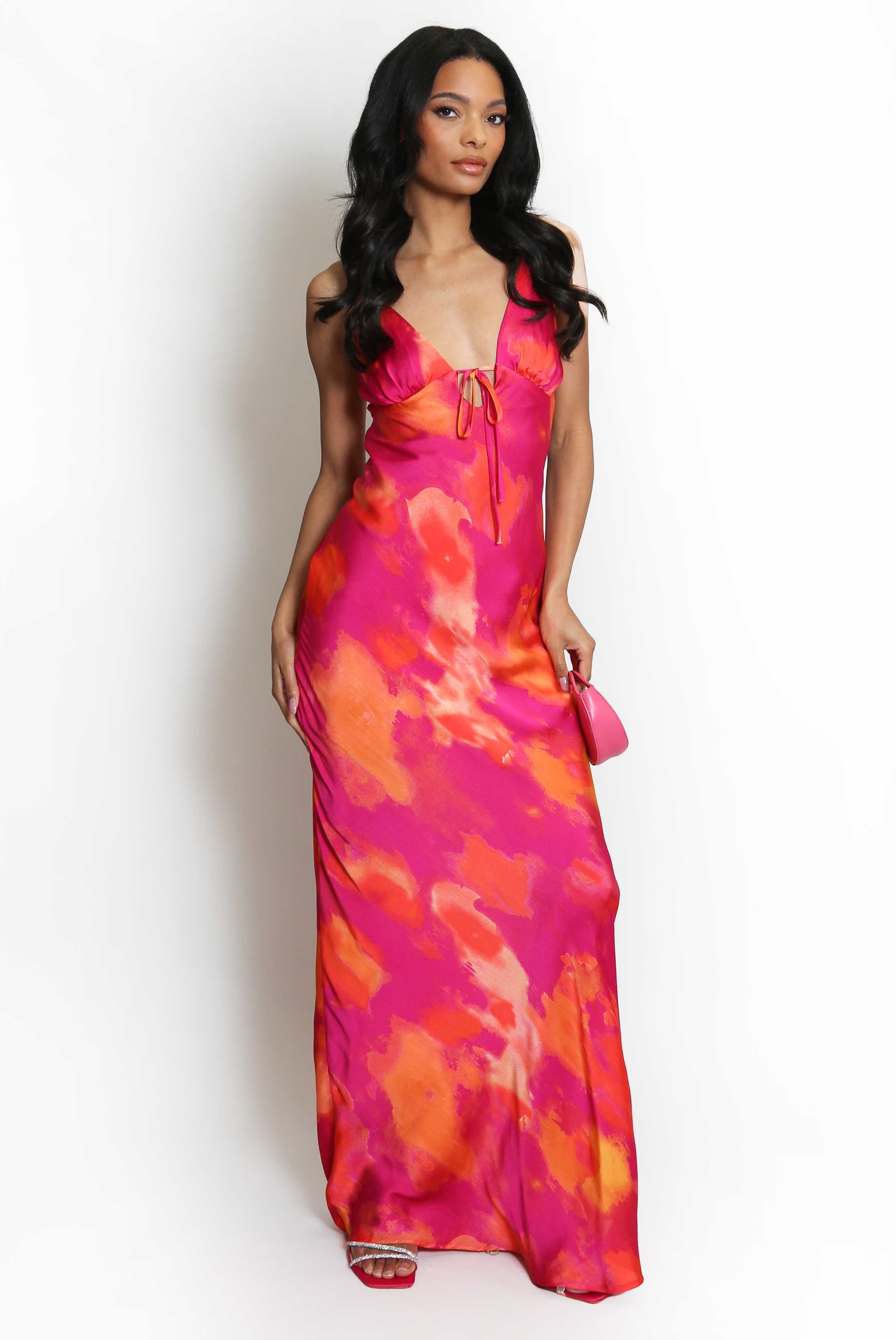 Watercolour Satin Cut Out Back Maxi Dress - Buy Fashion Wholesale in The UK Watercolour Satin Cut Out Back Maxi Dress - Buy Fashion Wholesale in The UK