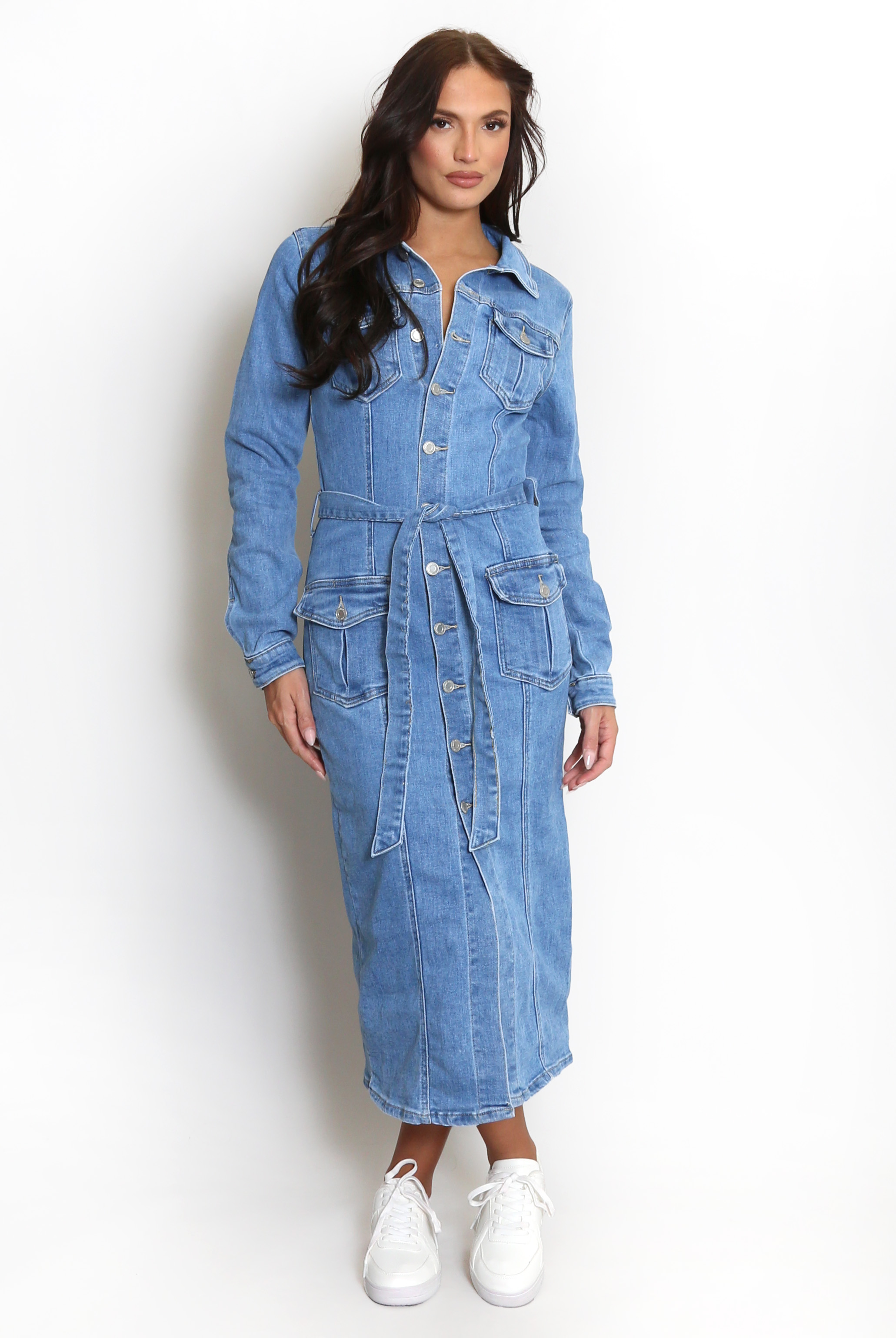 Button Up Square Neck Denim Dress