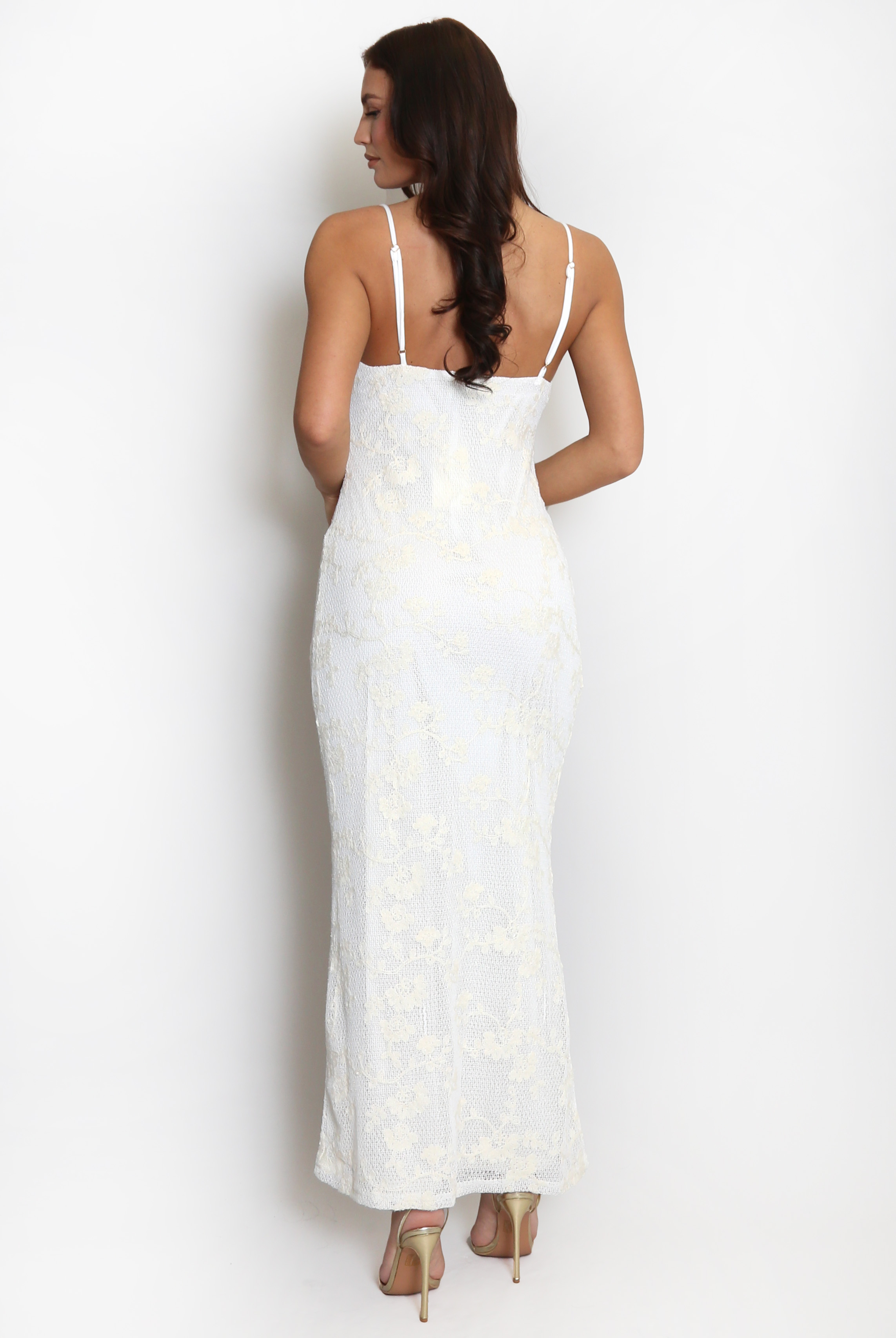 STRIPE FLORAL EMBROIDERY DETAIL MAXI DRESS