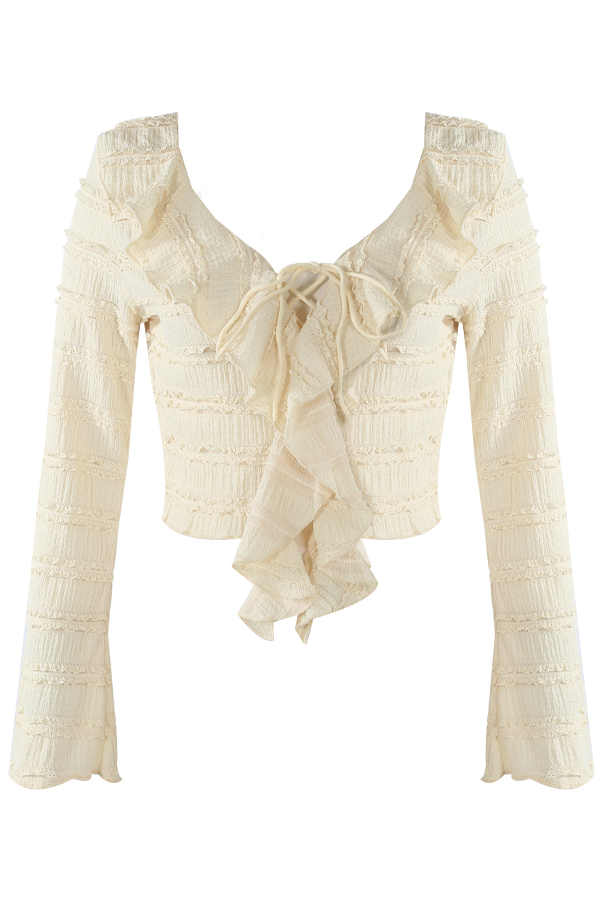 Lace Textured Tie Front Ruffle Top- Buy Fashion Wholesale in The UK