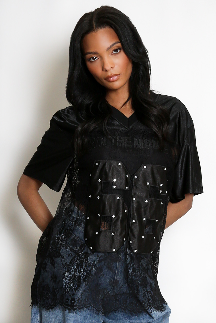 Hella 新品 sheer volume tops V Neck Sheer Lace Varsity Top- Buy Fashion Wholesale in The UK