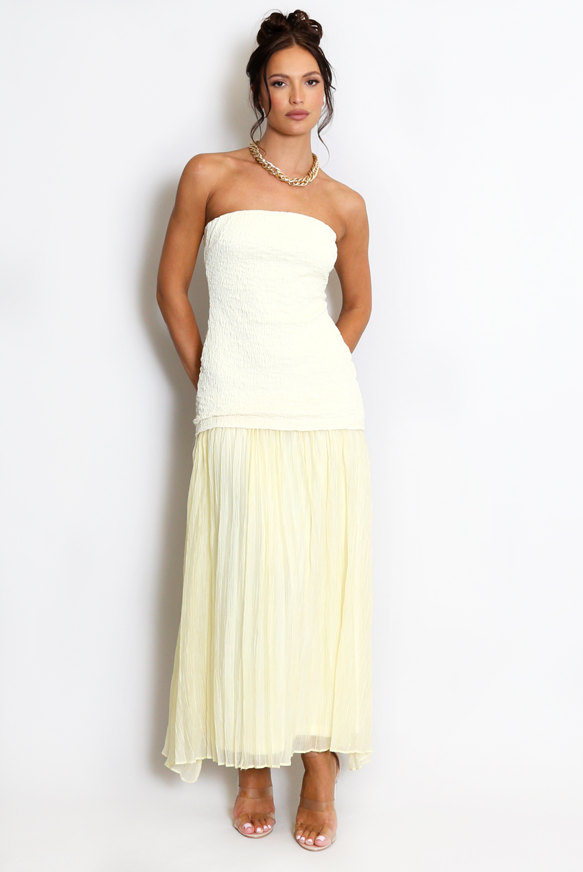 knee length dresses for ladies Bandeau Drop Waist Maxi Dress – White – Six Stories main image 1