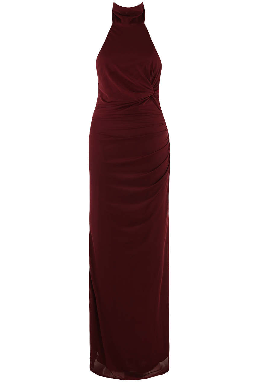Stretch Fabric Halter Deep V-Neck Ruched Sheath Maxi Evening Dresses with Slit