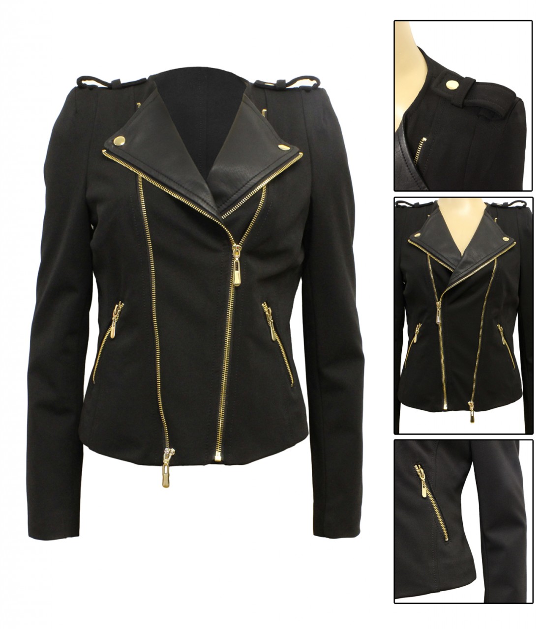 Wholesale Ladies Clothes - Black Double Zip Style PVC Panel Blazer