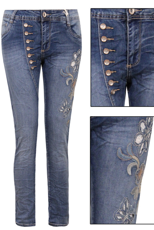Button Detail Embroidered Leg Jeans Babez London