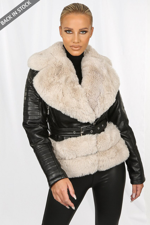 Faux Leather Fur Trim Biker Jacket 