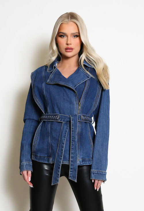 Fitted Belt Washed Denim Blazer Jacket main image 0