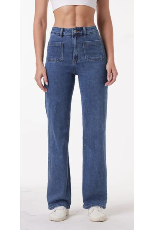 Street Solid Pocket Mid Waist Loose Denim Jeans