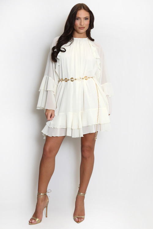 Ruffle Slv Smocked Solid Tired Dress
