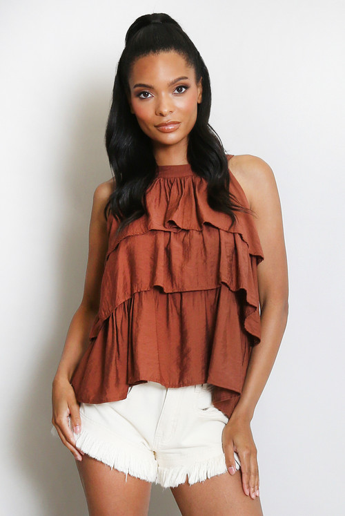 Halter Neck Open Back Ruffle Hem Top