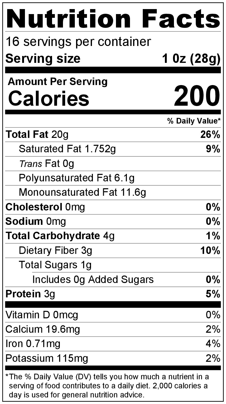 Nutrition Facts 16 servings per container Serving size 1 oz (28g) Amount Per Serving Calories 200 % Daily Value* Total Fat 20g 26% Saturated Fat 1.752g 9% Trans Fat 0g Polyunsaturated Fat 6.1g Monounsaturated Fat 11.6g Cholesterol 0mg 0% Sodium 0mg 0% Total Carbohydrate 4g 1% Dietary Fiber 3g 11% Total Sugars 1g Includes 0g Added Sugars 0% Protein 3g 6% Vitamin D 0mcg 0% Calcium 19.6mg 2% Iron 0.71mg 4% Potassium 115mg 2% *The % Daily Value (DV) tells you how much a nutrient in a serving of food contributes to a daily diet. 2,000 calories a day is used for general nutrition advice.