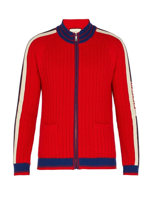 GUCCI TAPE LOGO CABLE KNIT BOMBER
