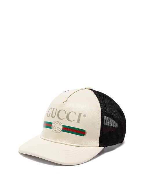 GUCCI LOGO LEATHER AND MESH CAP GREAM