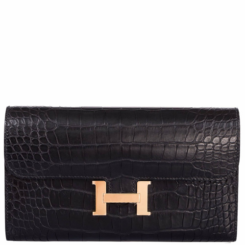 Hermes Constance Long Wallet Black Matte Alligator Gold Hardware