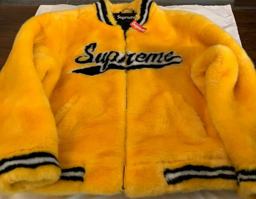 SUPREME FAUX FUR VARSITY JACKET GOLD LARGE SS20 AUTHENTIC (IN HAND) BRAND NEW