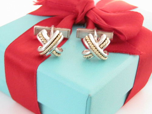 Authentic Tiffany & Co Silver 18K Gold Signature Cufflinks Cuff Links