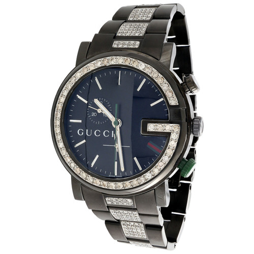 Diamond Gucci Watch Mens 101G Ya101331 Black PVD Chronograph Iced Band 4 CT