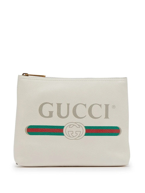 GUCCI LOGO PRINT SMALL LEATHER POUCH WHITE BAG