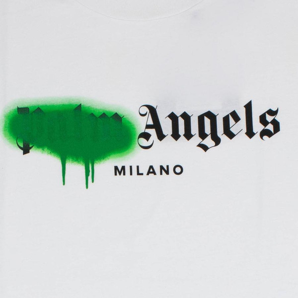PALM ANGELS MILANO SPRAYED LOGO WHITE GREEN T SHIRT