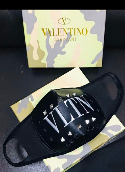 black face mask with white vltn embroidery and chrome studded hardware