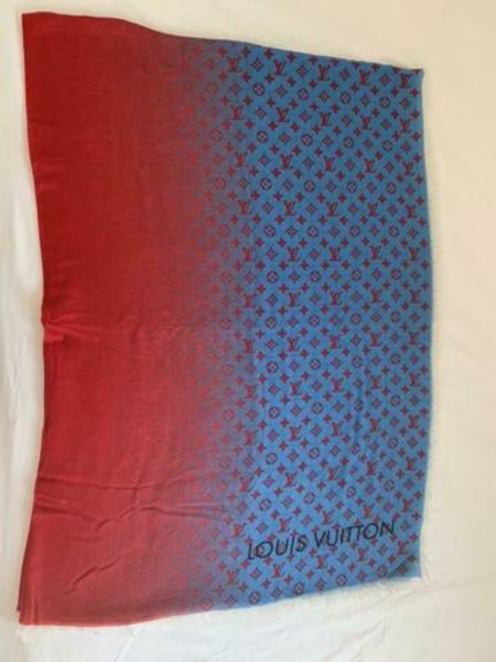 Louis Vuitton LV Stole Scarf Shawl Wool 100% Red Blue Monogram Auth New Unused