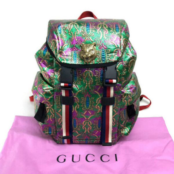 Gucci Backpack Bag Brocade Green 466467 Rucksack Animal Charm Auth New Unused